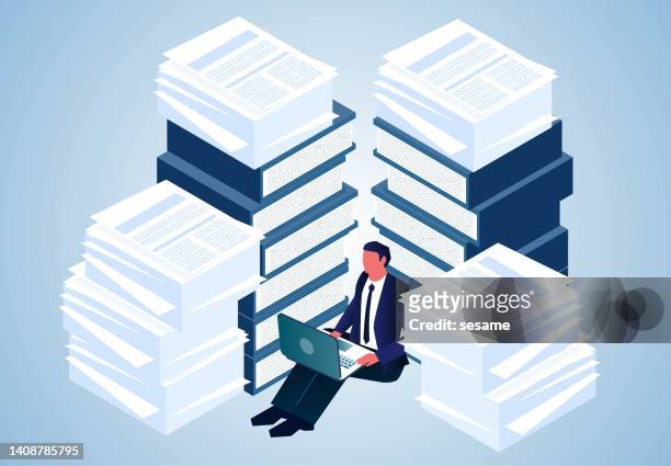 stockillustraties, clipart, cartoons en iconen met isometric a businessman sitting inside a pile of documents busy work, heavy and a lot of work stress, office work with paperwork - accountant