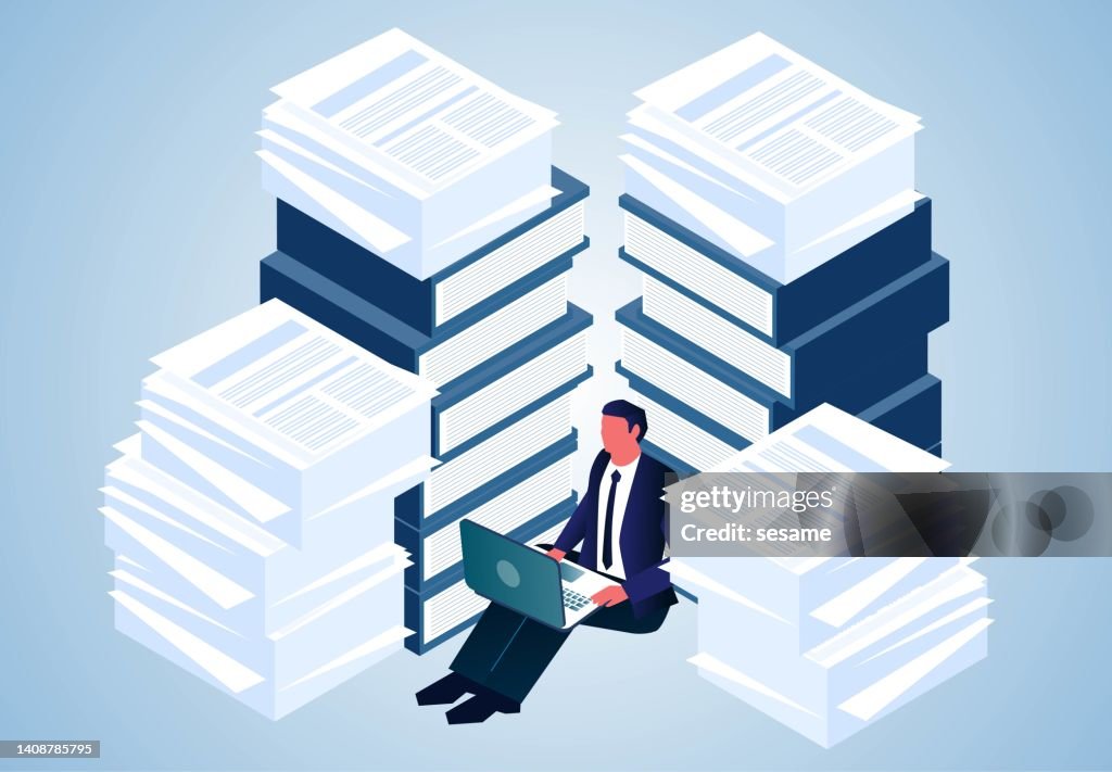 Isometric a businessman sitting inside a pile of documents busy work, heavy and a lot of work stress, office work with paperwork