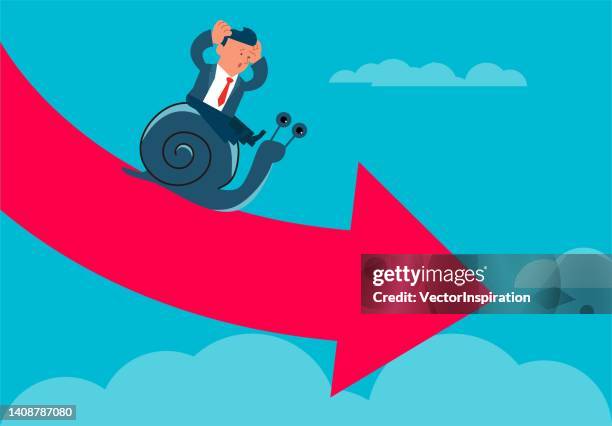 the downward speed of economic development is slowing down. businessmen are sitting on the back of snails and slowly crawling down the arrows - slow stock illustrations