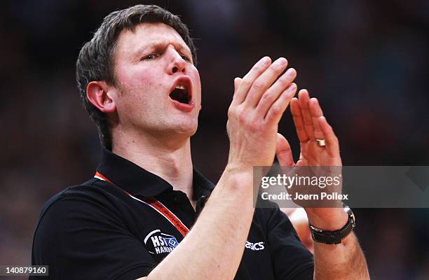 Head coach Jens Haesler of Hamburg is seen during the Toyota Bundesliga handball game between HSV Hamburg and Bergischer HC at the O2 World on March...