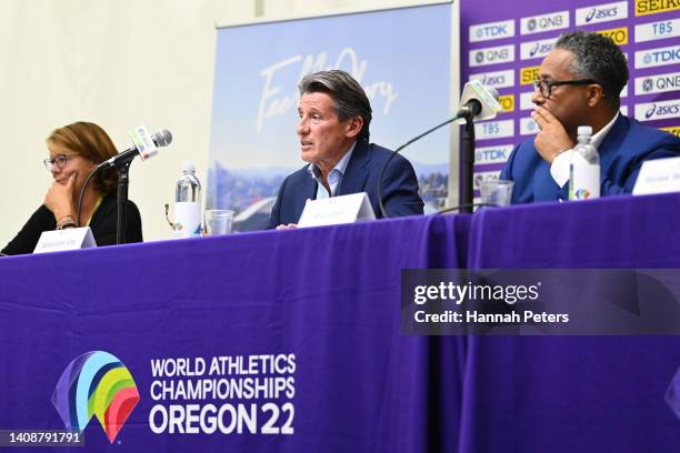 President of World Athletics Sebastian Coe speaks during a press conference prior to competition for the World Athletics Championships Oregon22 at...