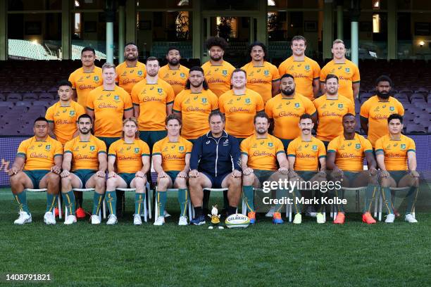 Wallabies pose for a team photograph during the Australia Wallabies Captain's Run at Sydney Cricket Ground on July 15, 2022 in Sydney, Australia.