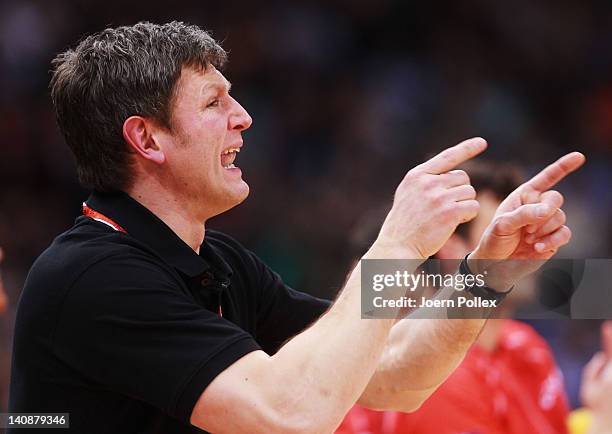 Head coach Jens Haesler of Hamburg gestures during the Toyota Bundesliga handball game between HSV Hamburg and Bergischer HC at the O2 World on March...