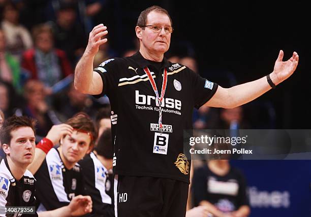 Head coach Hans Dieter Schmitz of Bergischer HC gestures during the Toyota Bundesliga handball game between HSV Hamburg and Bergischer HC at the O2...