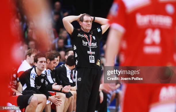 Head coach Hans Dieter Schmitz of Bergischer HC gestures during the Toyota Bundesliga handball game between HSV Hamburg and Bergischer HC at the O2...