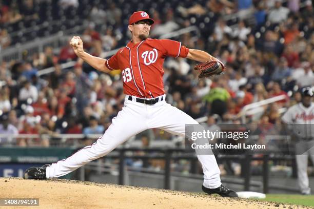 Tyler Clippard of the Washington Nationals pitches in the eight inning during a baseball game against the Atlanta Braves at Nationals Park on July...