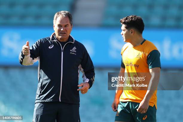 Wallabies coach Dave Rennie speaks to Noah Lolesio during the Australia Wallabies Captain's Run at Sydney Cricket Ground on July 15, 2022 in Sydney,...