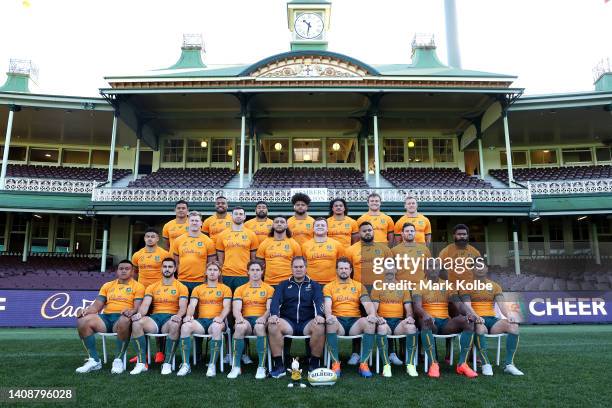 Wallabies pose for a team photograph during the Australia Wallabies Captain's Run at Sydney Cricket Ground on July 15, 2022 in Sydney, Australia.