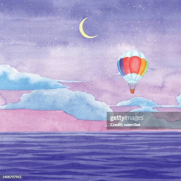 watercolor hot air balloon and night sea background - aqua star pool stock illustrations