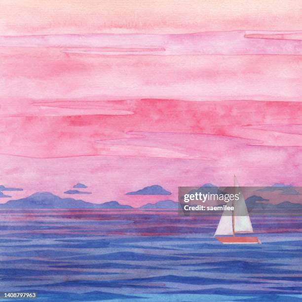 watercolor sunset sea and a boat - smooth sailing stock illustrations