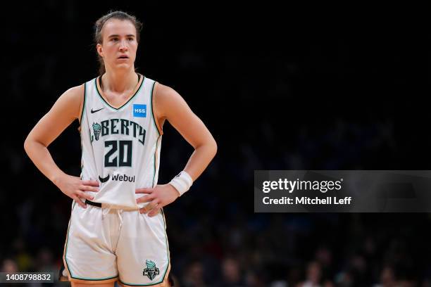 Sabrina Ionescu of the New York Liberty looks on against the Las Vegas Aces at Barclays Center on July 14, 2022 in the Brooklyn borough of New York...