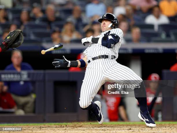 Josh Donaldson of the New York Yankees is hit by a pitch in the eighth inning against the Cincinnati Reds at Yankee Stadium on July 14, 2022 in the...