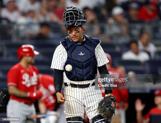Jose Trevino of the New York Yankees reacts in the 10th inning against the Cincinnati Reds at Yankee Stadium on July 14, 2022 in the Bronx borough of...