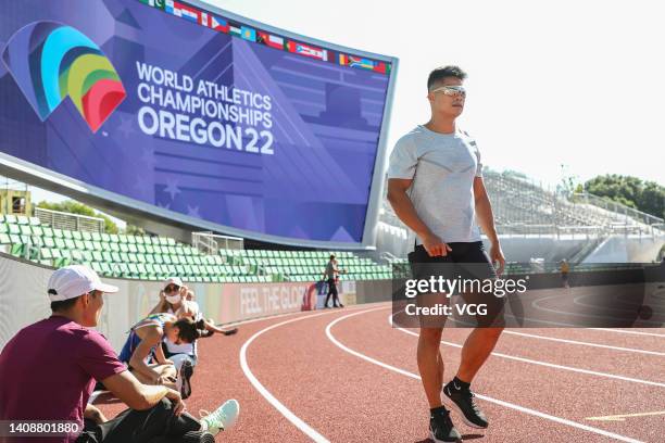 Su Bingtian of Team China attends a training session ahead of the IAAF World Athletics Championships Oregon22 at Hayward Field on July 14, 2022 in...