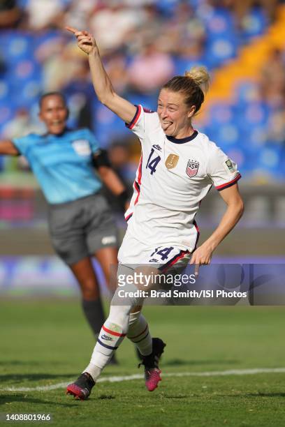 Emily Sonnett of the United States celebrates scoring during a Concacaf W Championship game between Costa Rica and USWNT at Estadio Universitario on...