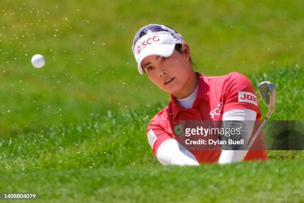 Moriya Jutanugarn of Thailand plays her shot from the bunker on the fifth hole during the second round of the Dow Great Lakes Bay Invitational at...