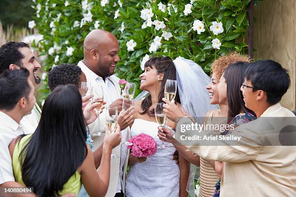 guests toasting bride and groom on wedding day - african americans getting married stock pictures, royalty-free photos & images