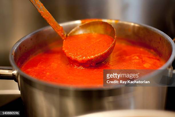 ladle in pot of marinara sauce - tomatensaus stockfoto's en -beelden