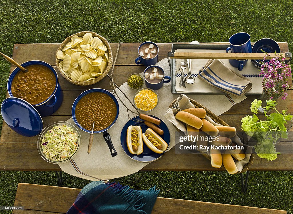 Picnic of beans, hot dogs and chips