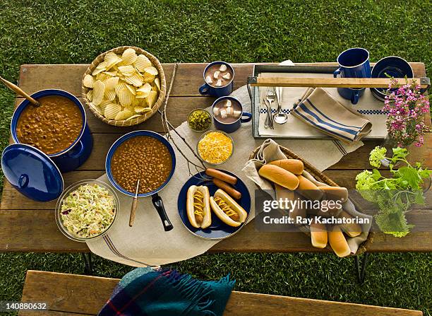 picnic of beans, hot dogs and chips - outdoor table stock pictures, royalty-free photos & images