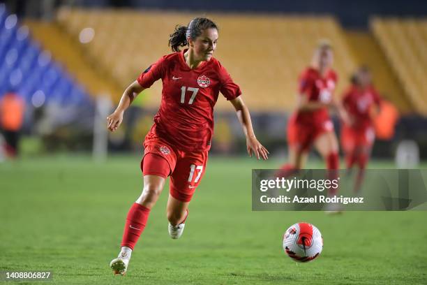 Jessie Fleming of Canada drives the ball during the semifinal between Canada and Jamaica as part of the 2022 Concacaf W Championship at Universitario...