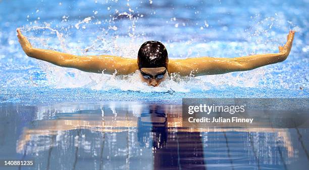 Jemma Lowe of Swansea Performance competes in the Womens Open 200m Butterfly Final during day five of the British Gas Swimming Championships at The...