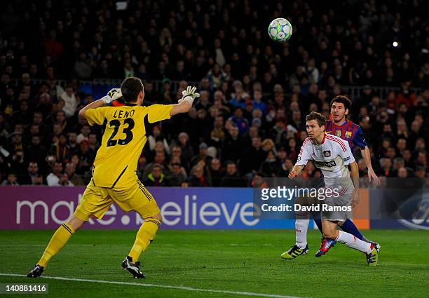 Lionel Messi of FC Barcelona scores his team's third goal during the UEFA Champions League round of 16 second leg match between FC Barcelona and...