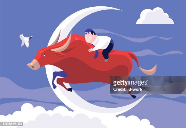 ilustrações de stock, clip art, desenhos animados e ícones de businessman riding bull and jumping through crescent moon - bull riding