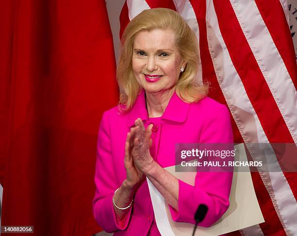 Patricia "Tricia" Nixon Cox the, elder daughter of the 37th U.S. President Richard M. Nixon and First Lady Pat Nixon, claps as she introduces US...