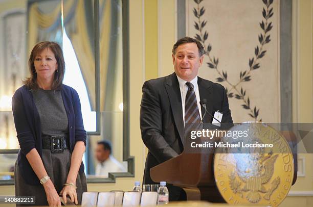 Honorees and co-founders of the Tribeca Film Festival Craig Hatkoff and wife Jane Rosenthal address the audience during the 2012 Jefferson awards for...