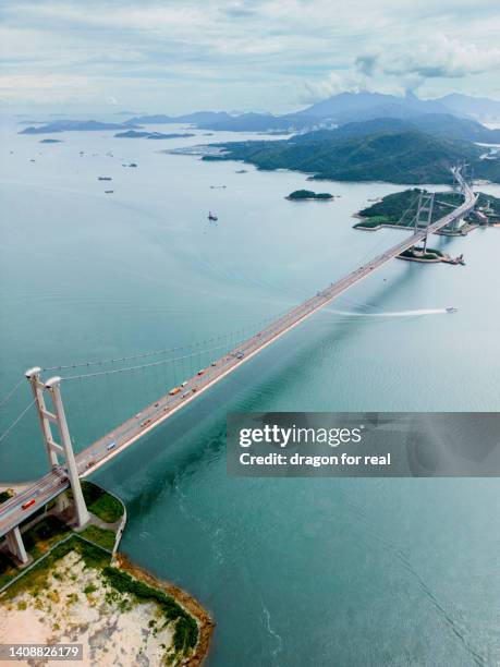 top view of tsing ma bridge, suspensive bridge in hong kong west. - tsing ma bridge stock-fotos und bilder