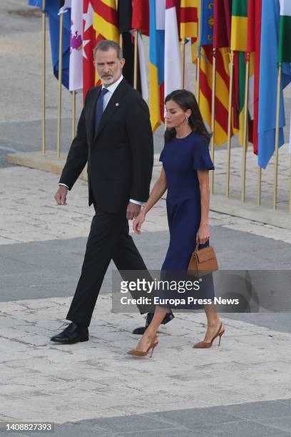 King Felipe VI and Queen Letizia on their arrival at the third State tribute to the victims of the coronavirus pandemic, in the Plaza de la Armeria...