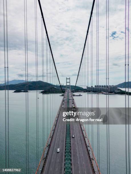 top view of tsing ma bridge, suspensive bridge in hong kong west. - tsing ma bridge stock-fotos und bilder