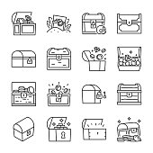 Treasure Chest icons set. Open chest with coins, jewels. Find the treasure, linear icon collection. Line with editable stroke