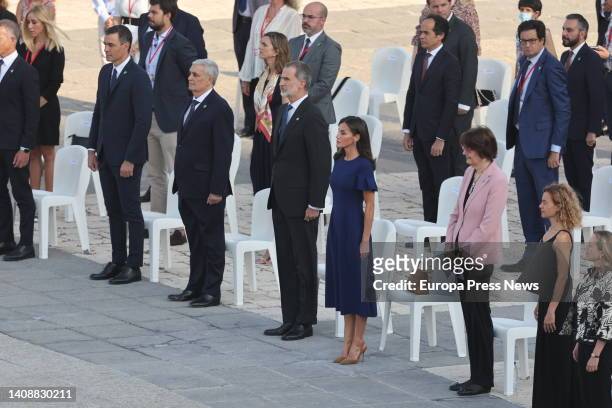 King Felipe VI and Queen Letizia present one of the Four Grand Crosses on behalf of the deceased professionals, at the third State tribute to the...