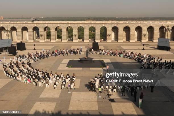 King Felipe VI and Queen Letizia present one of the Four Grand Crosses on behalf of the deceased professionals, at the third State tribute to the...