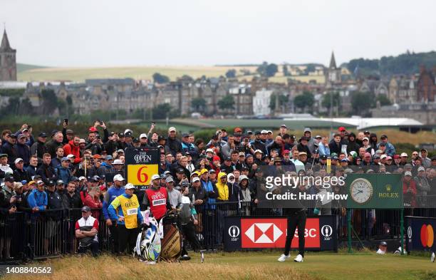 Dustin Johnson of the United States tees off on the 6th hole during Day Two of The 150th Open at St Andrews Old Course on July 15, 2022 in St...