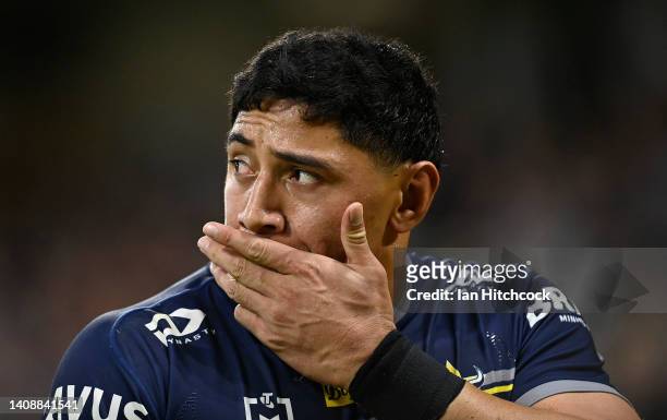 Jason Taumalolo of the Cowboys looks on during the round 18 NRL match between the North Queensland Cowboys and the Cronulla Sharks at Qld Country...