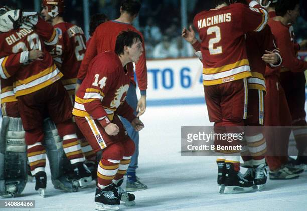 Theoren Fleury of the Calgary Flames celebrates on the ice after the Flames defeated the Montreal Canadiens in Game 6 of the 1989 Stanley Cup Finals...