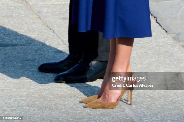 King Felipe VI of Spain and Queen Letizia of Spain, shoes detail, attend the State tribute to the Covid victims and Health workers at the Royal...