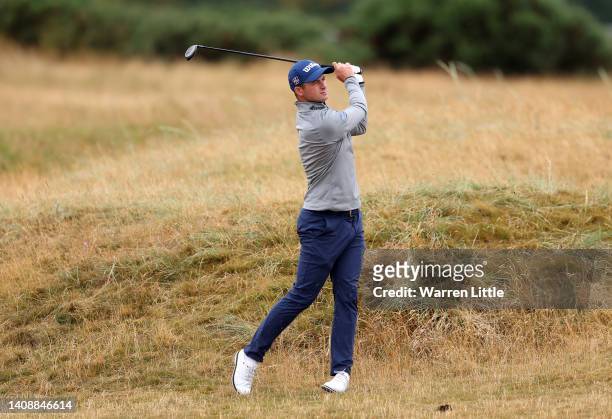 David Law of Scotland plays his second shot on the 5th hole during Day Two of The 150th Open at St Andrews Old Course on July 15, 2022 in St Andrews,...