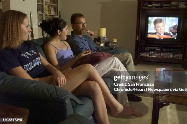 John Zank, seated far right, and his family react to Gary Condit's interview with Connie Chung in their Modesto home, on Thursday, night, August 23,...