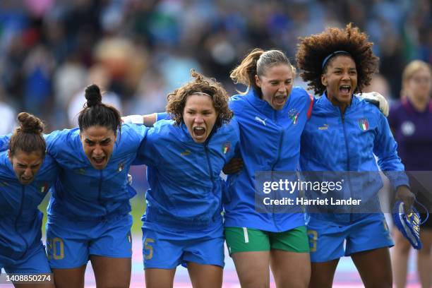 Valentina Bergamaschi, Martina Piemonte, Elena Linari, Laura Giuliani, and Sara Gama of Italy sing the national anthem prior to the UEFA Women's Euro...