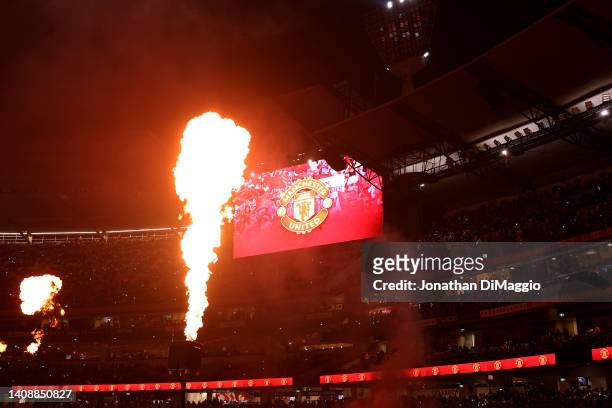 General view of the pre-match fireworks during the Pre-Season friendly match between Melbourne Victory and Manchester United at Melbourne Cricket...
