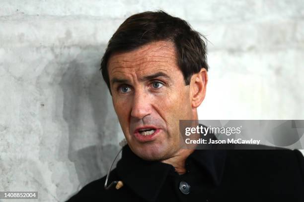 Channel Nine commentator and former player Andrew Johns looks on before the round 18 NRL match between the Parramatta Eels and the New Zealand...