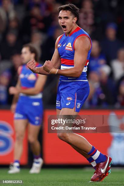 Jamarra Ugle-Hagan of the Bulldogs celebrates a goal during the round 18 AFL match between the Western Bulldogs and the St Kilda Saints at Marvel...