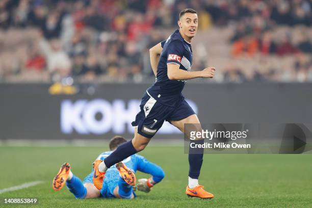 Chris Ikonomidis of the Victory celebrates after scoring a goal during the Pre-Season friendly match between Melbourne Victory and Manchester United...