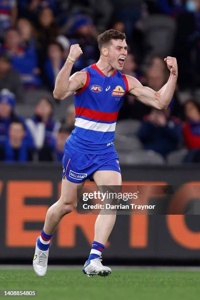 Josh Dunkley of the Bulldogs celebrates a goal during the round 18 AFL match between the Western Bulldogs and the St Kilda Saints at Marvel Stadium...