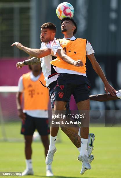 Noussair Mazraoui FC Bayern München heads the ball during a training session of FC Bayern München at Saebener Strasse training ground on July 15,...