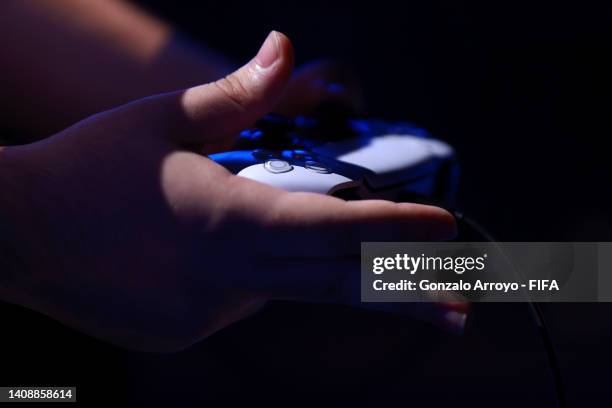 Detail view of a PS5 controller during the FIFAe World Cup 2022 group stage as part of the FIFAe Finals 2022 on July 15, 2022 in Copenhagen, Denmark.